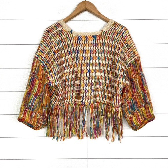 ETWO Rainbow Cropped Sweater Colorful Fringe Medium Large Boho - Picture 2 of 4